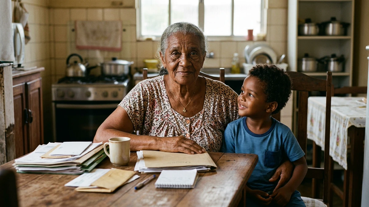 Uma avó idosa brasileira, de rosto marcado pelo tempo
