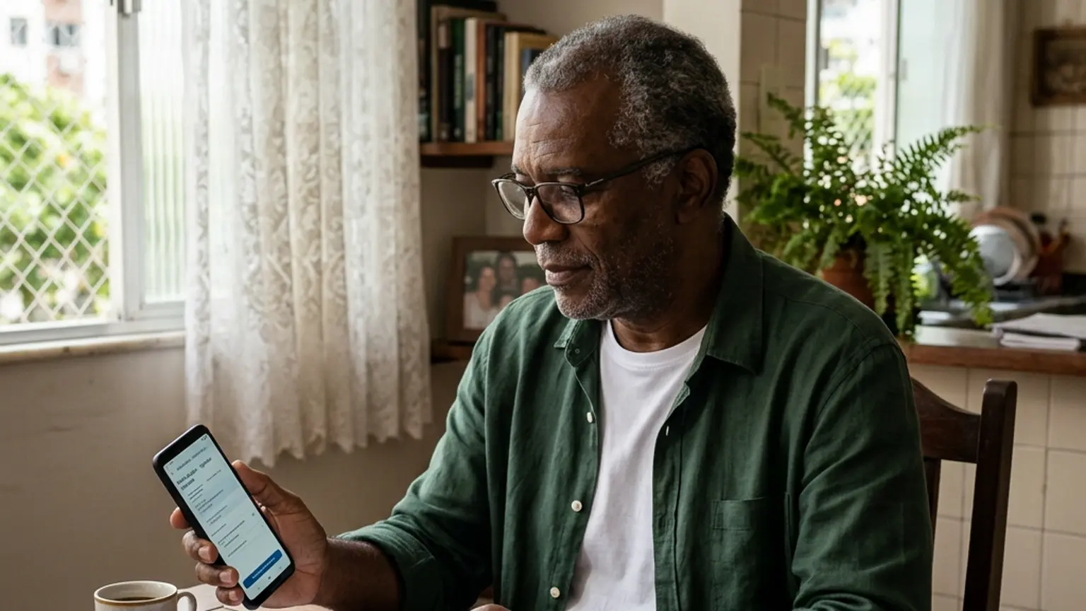 Aposentado brasileiro maduro consultando o aplicativo Meu INSS em smartphone à mesa de casa, com laudos médicos e documentos previdenciários sobre a mesa, à luz natural
