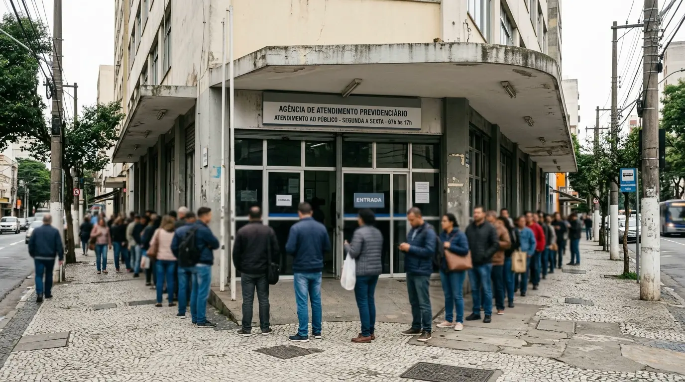 Fachada de agência previdenciária com sinalização genérica de atendimento e fila na calçada, sem logotipos oficiais