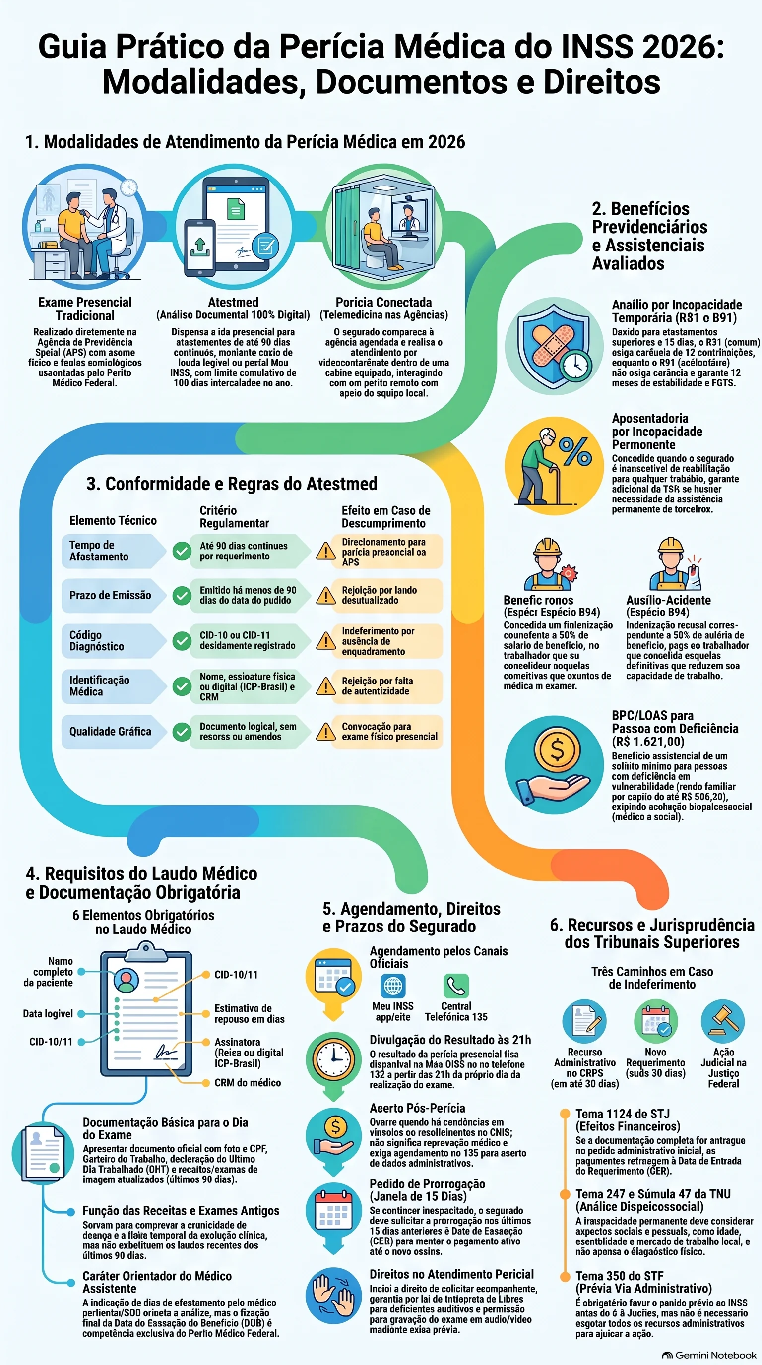 Infográfico do NotebookLM resumindo os principais pontos sobre Perícia Médica do INSS em 2026: Guia Completo de Agendamento, Documentos Obrigatórios, Atestmed, Telemedicina e Recursos.