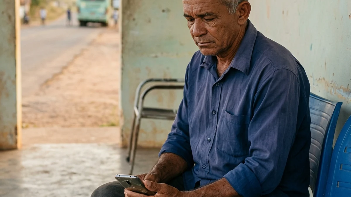 Segurado do INSS no interior do Ceará consulta pelo celular o agendamento de perícia médica enquanto espera transporte em rodoviária simples, com estrada longa ao fundo.