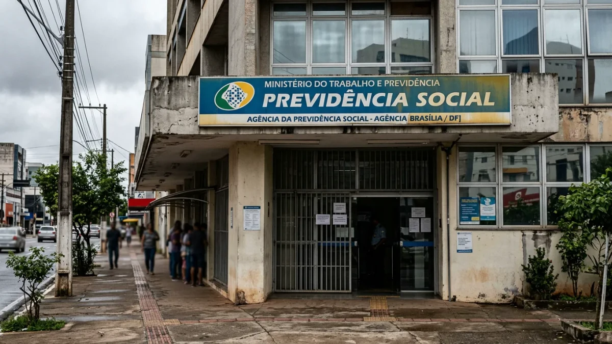 Fachada de uma agência oficial da Previdência Social (INSS) com placa institucional legível,