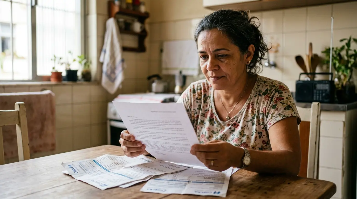 Fotografia documental de uma mulher brasileira de 47 anos em foco nítido, sentada à mesa da cozinha em sua casa