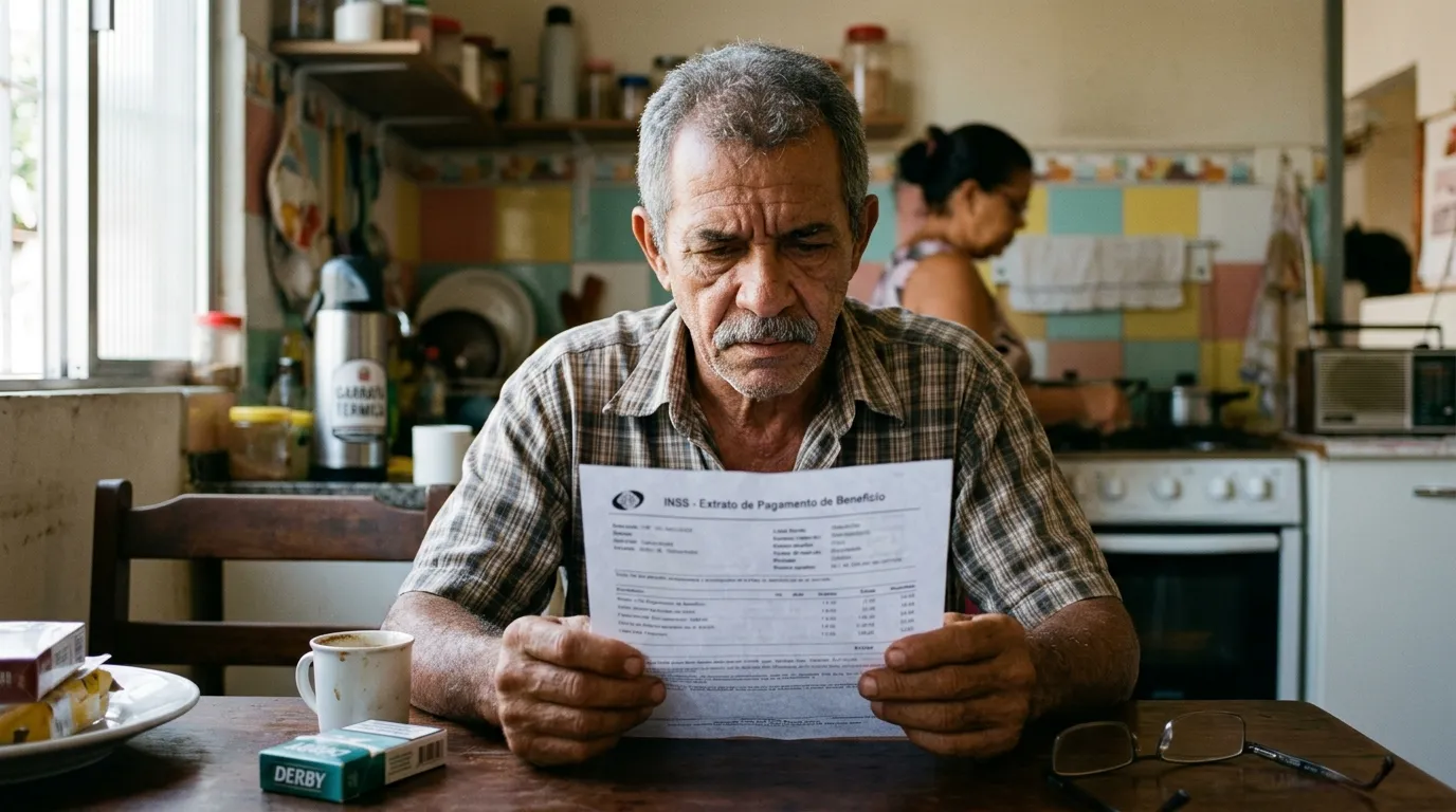 Fotografia documental brasileira, lente 35mm, luz natural, grão sutil de filme. Um homem de 60 anos