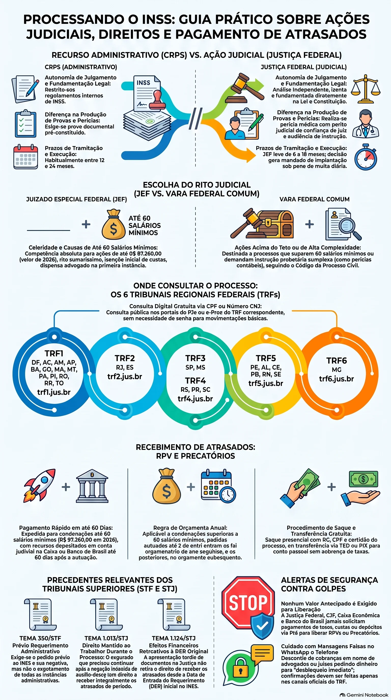 Infográfico do NotebookLM resumindo os principais pontos sobre Processo contra o INSS na Justiça em 2026: Guia Completo de Como Consultar, Prazos, Perícia Judicial, Atrasados e RPV.