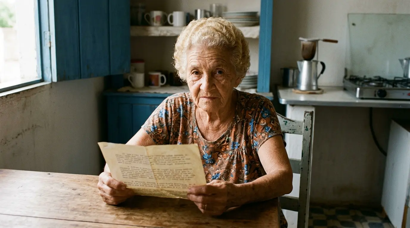 Fotografia documental brasileira, lente 35mm, luz natural, grão sutil de filme. Uma mulher idosa de cabelos brancos