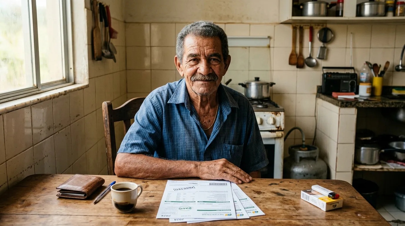 Retrato documental de um idoso brasileiro, sentado sozinho à mesa de sua cozinha simples