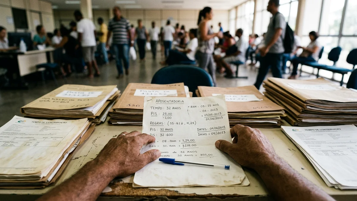 Fotografia documental brasileira em plano aberto de uma mesa de atendimento previdenciário onde repousam pastas de arquivo