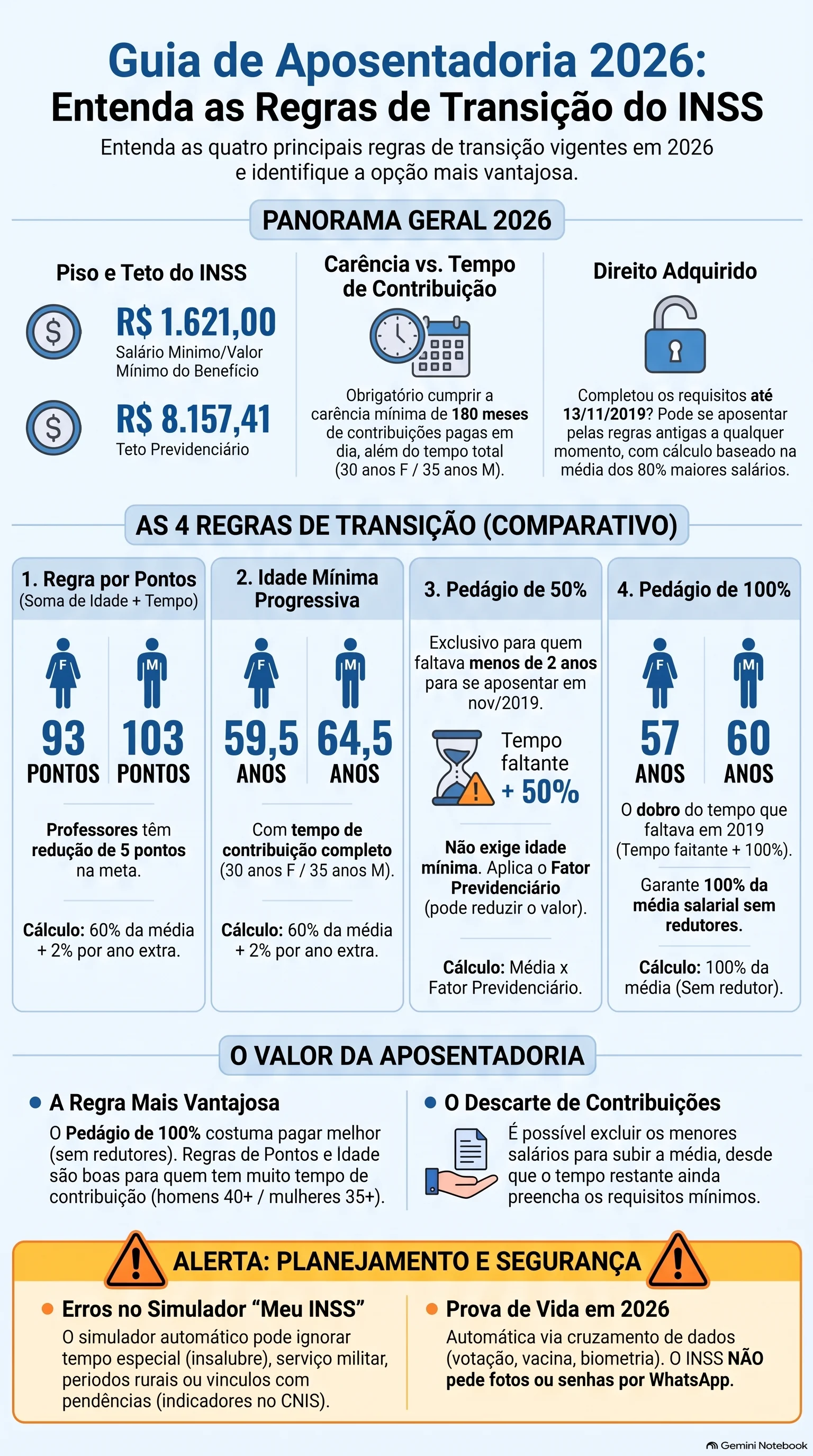 Infográfico do NotebookLM resumindo os principais pontos sobre Regras de Transição da Aposentadoria do INSS em 2026: Guia Completo de Pontos, Idade Mínima, Pedágio e Cálculo.