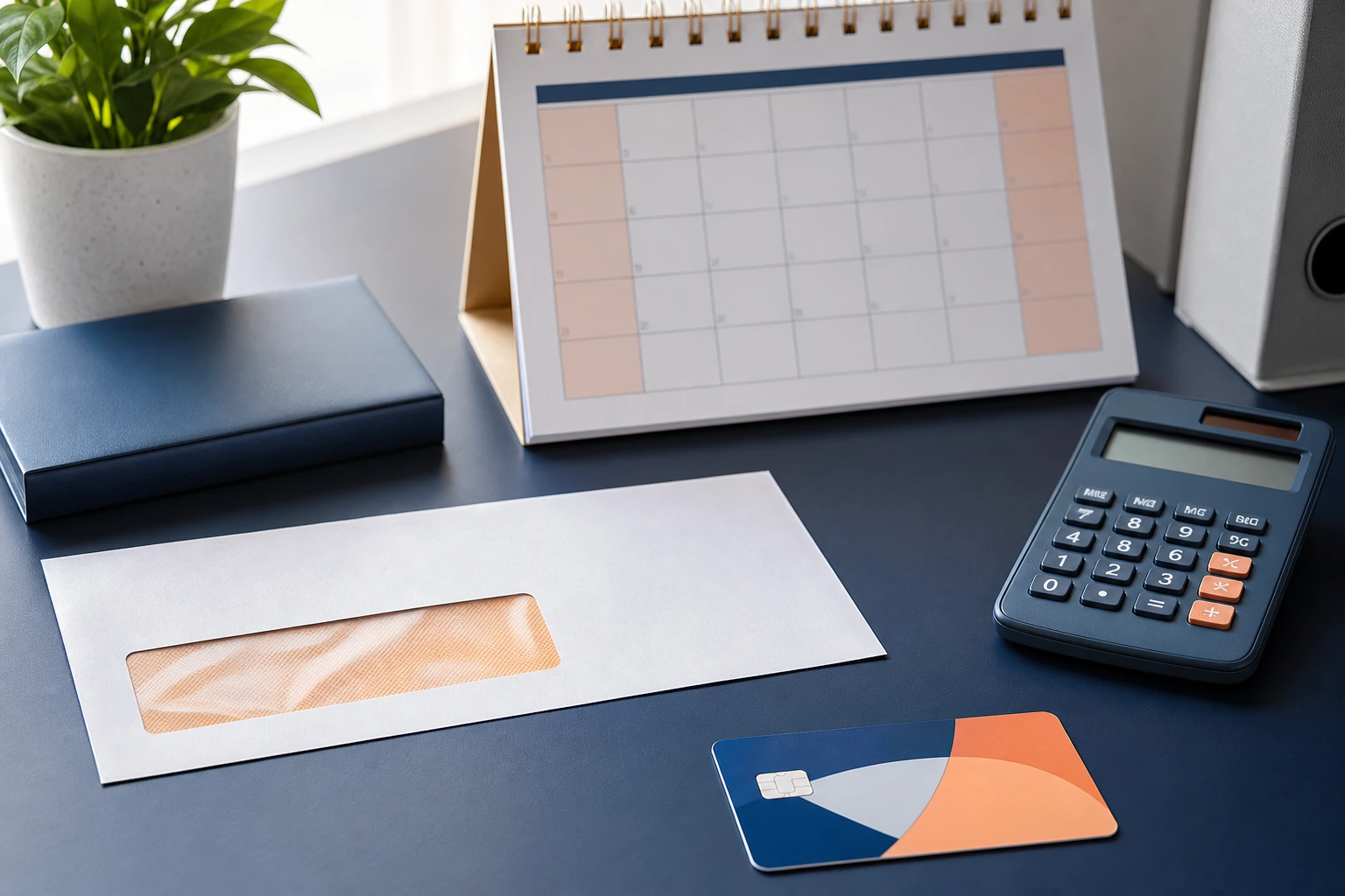 Ilustração editorial em estilo realista mostrando uma mesa organizada com calendário, calculadora e um cartão de benefício, representando o planejamento financeiro relacionado aos 