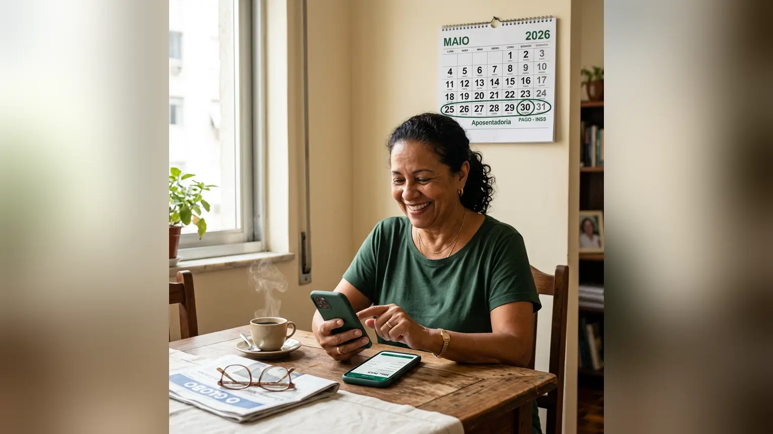 Aposentada brasileira sorrindo enquanto consulta o aplicativo Meu INSS no smartphone, sentada à mesa de cozinha com xícara de café e calendário de parede destacando o final de maio de 2026 ao fundo, em luz natural da manhã.