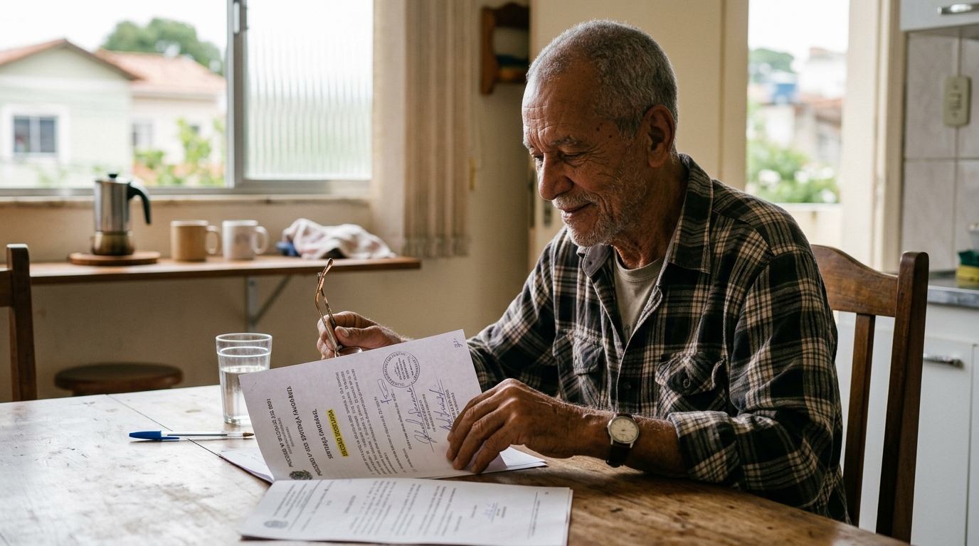 Senhor idoso em casa, rosto visível e em foco nítido, com expressão de alívio e segurança