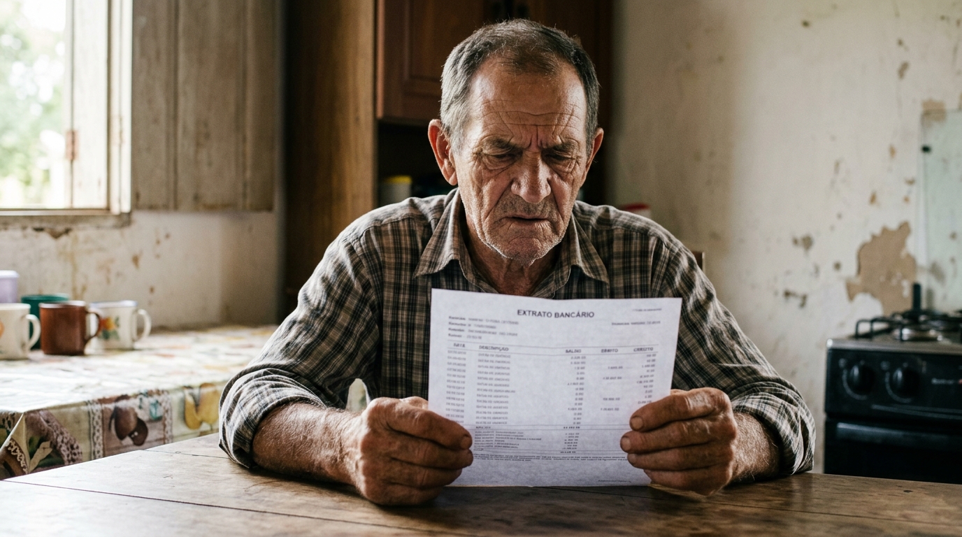 Um idoso agricultor aposentado sentado à mesa rústica de sua casa