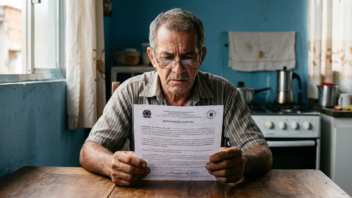 Fotografia documental de um senhor brasileiro de 60 anos, com expressão de preocupação atenta