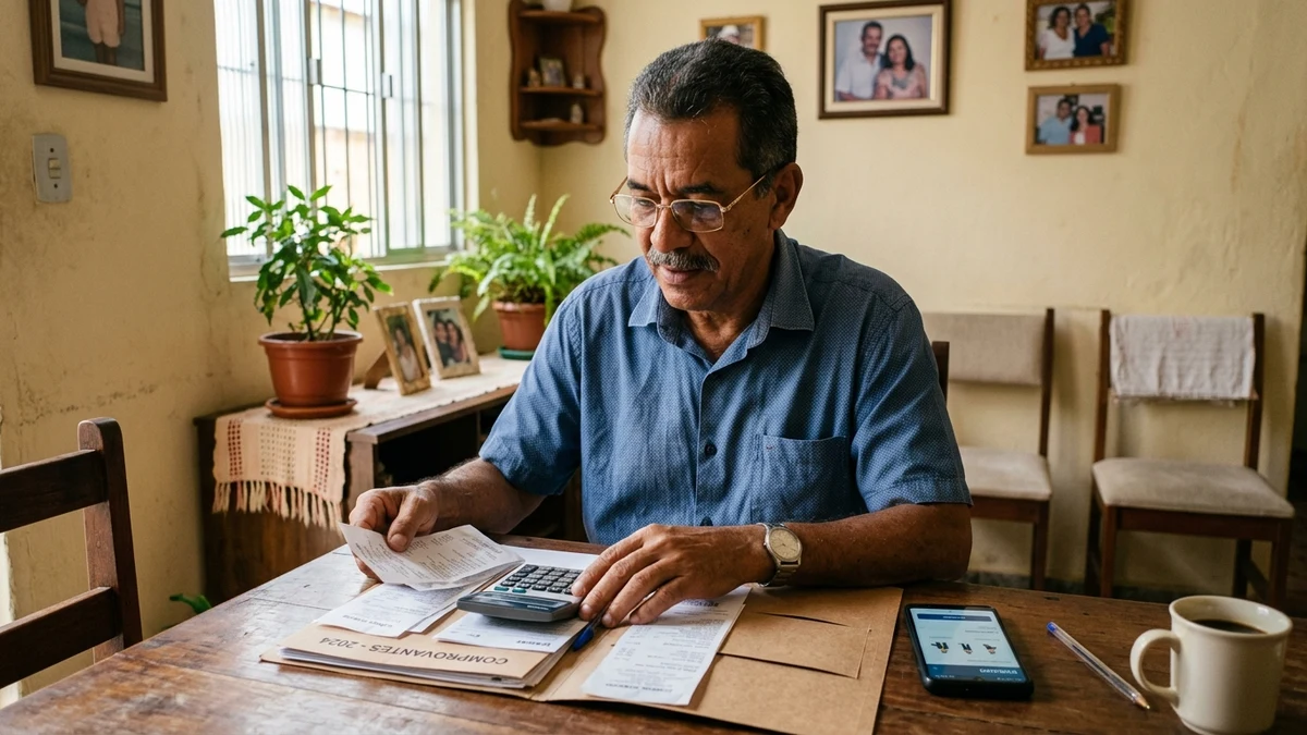 Homem brasileiro de cerca de 58 anos sentado à mesa de madeira de uma sala de estar simples e acolhedora em casa brasileira