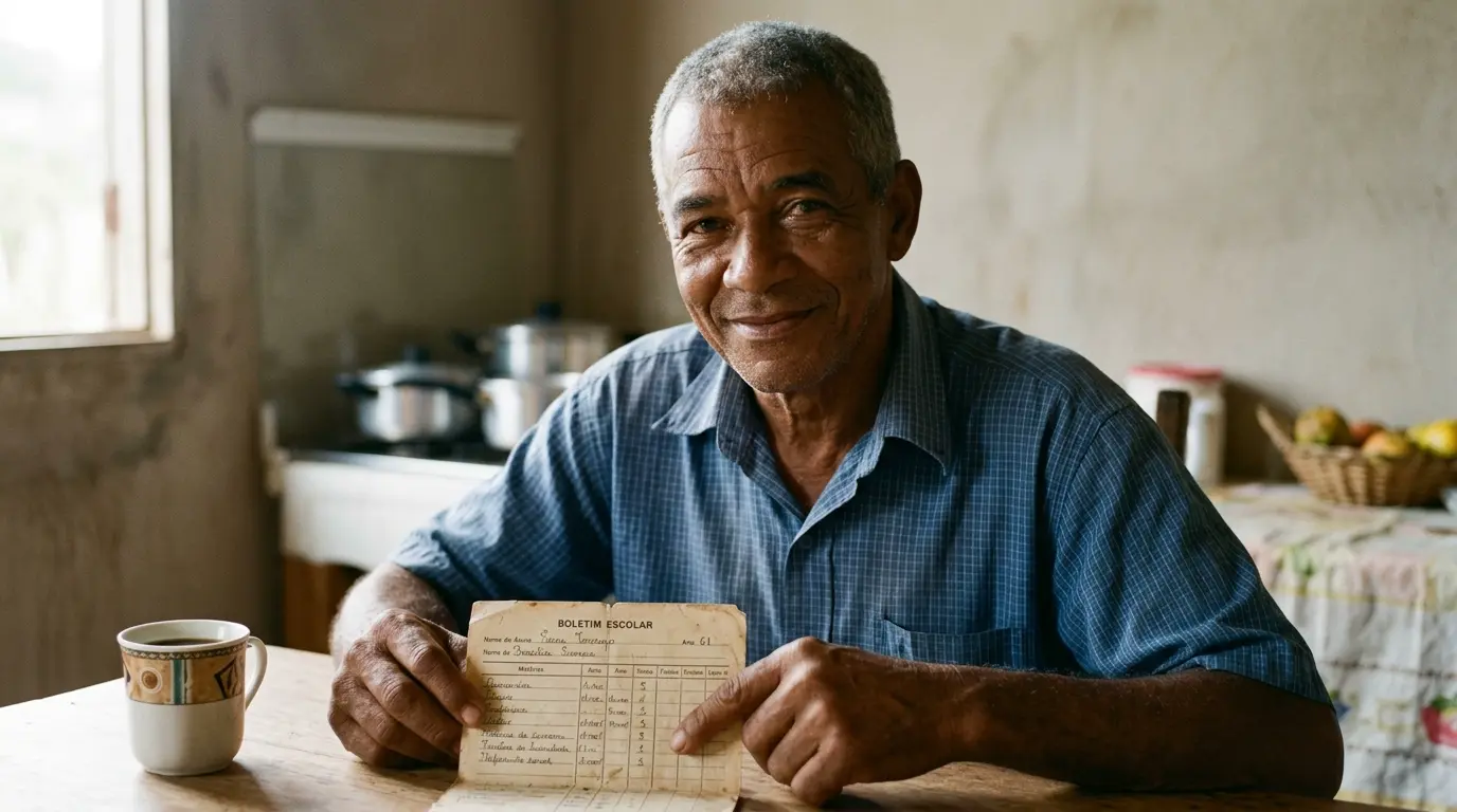 Fotografia documental brasileira, lente 50mm, luz natural, grão sutil de filme. Cena em casa: um homem de 61 anos com o rosto nítido