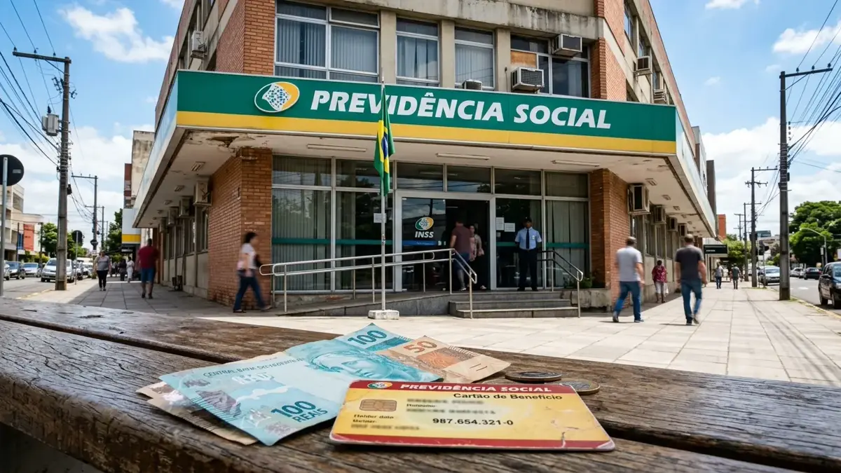 Foto documental institucional retratando a fachada de uma agência da Previdência Social (INSS) sob